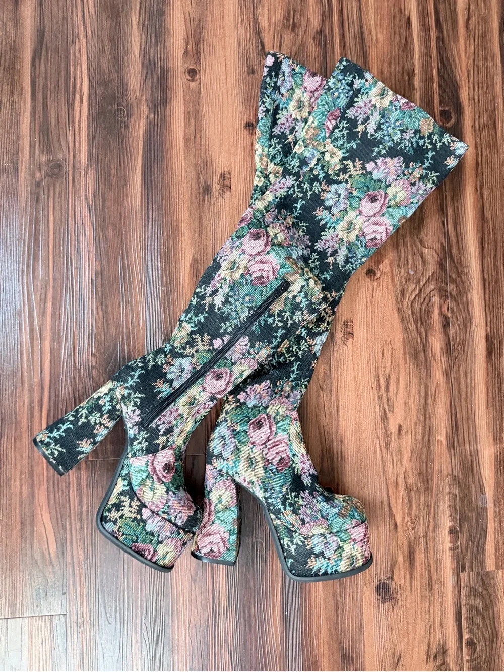 Dolls Kill Floral Tapestry Over-the-Knee Platform Boots - Black/Pink/Green